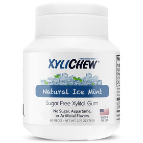 Xylichew Ice Mint bottle front, sugar-free gum for fresh breath.