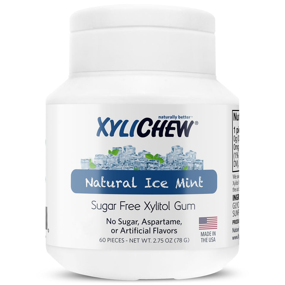 Xylichew Ice Mint bottle front, sugar-free gum for fresh breath.