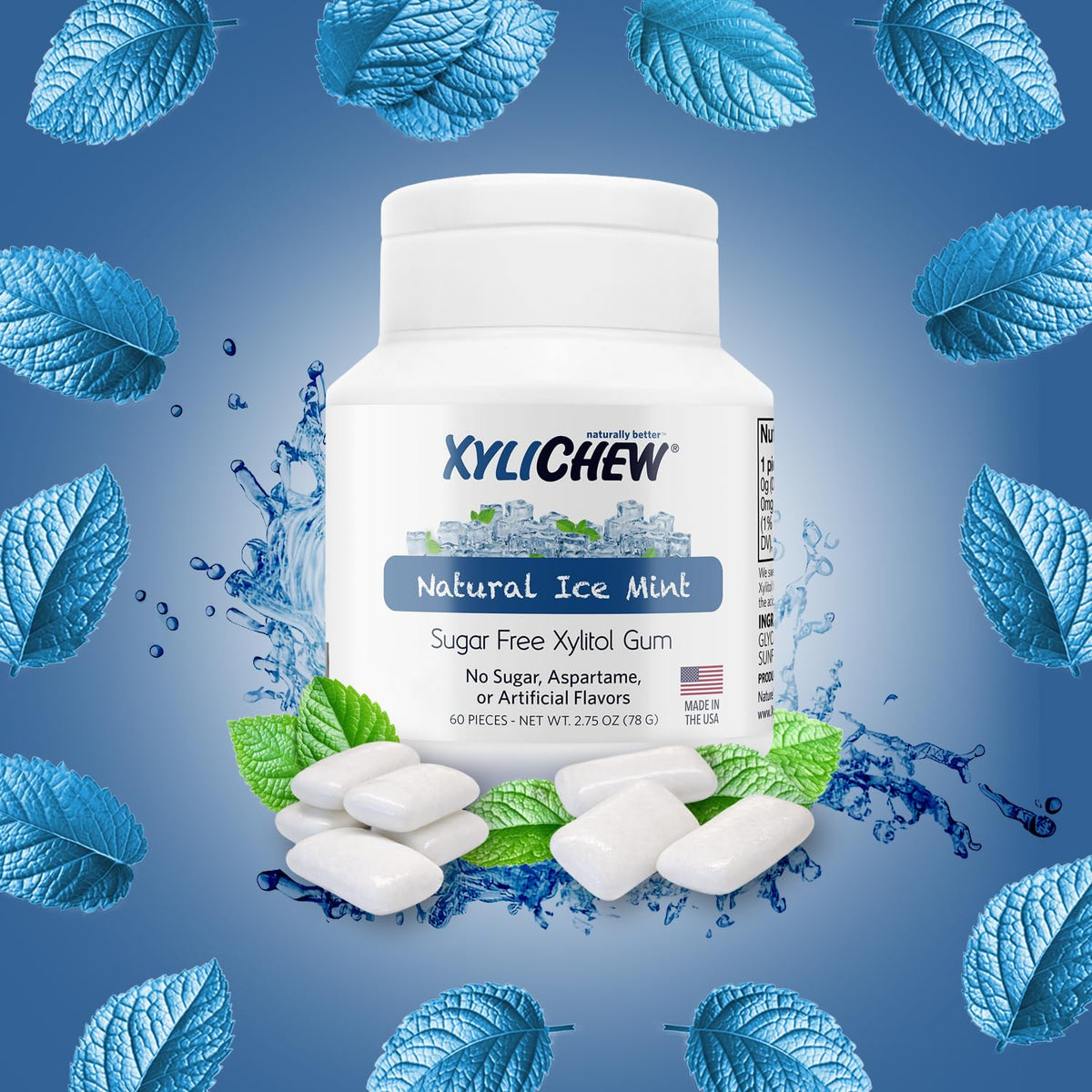 Xylichew Ice Mint gum close-up, naturally stimulates saliva for dry mouth relief.