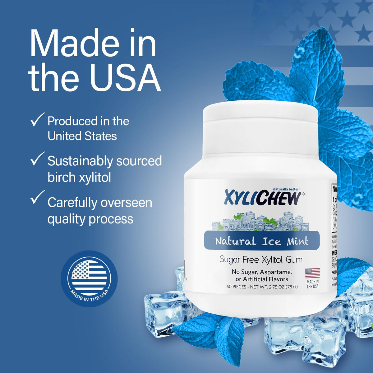 Xylichew Birch xylitol ingredients list, clean sugar-free gum formulation.