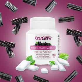 Xylichew licorice gum closeup showcases natural xylitol sweetness with zero artificial additives