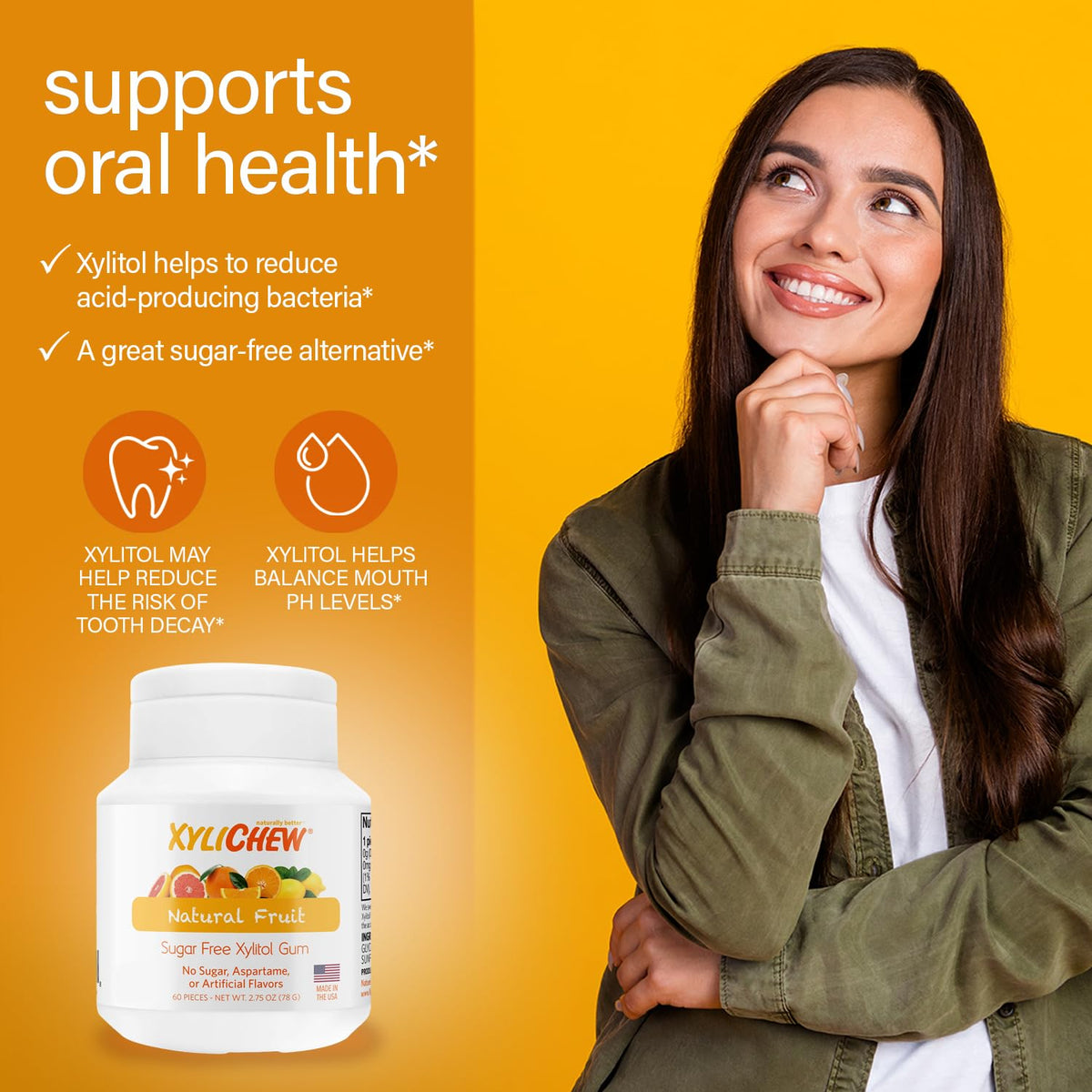 Xylichew USA-made label with responsibly sourced birch xylitol.