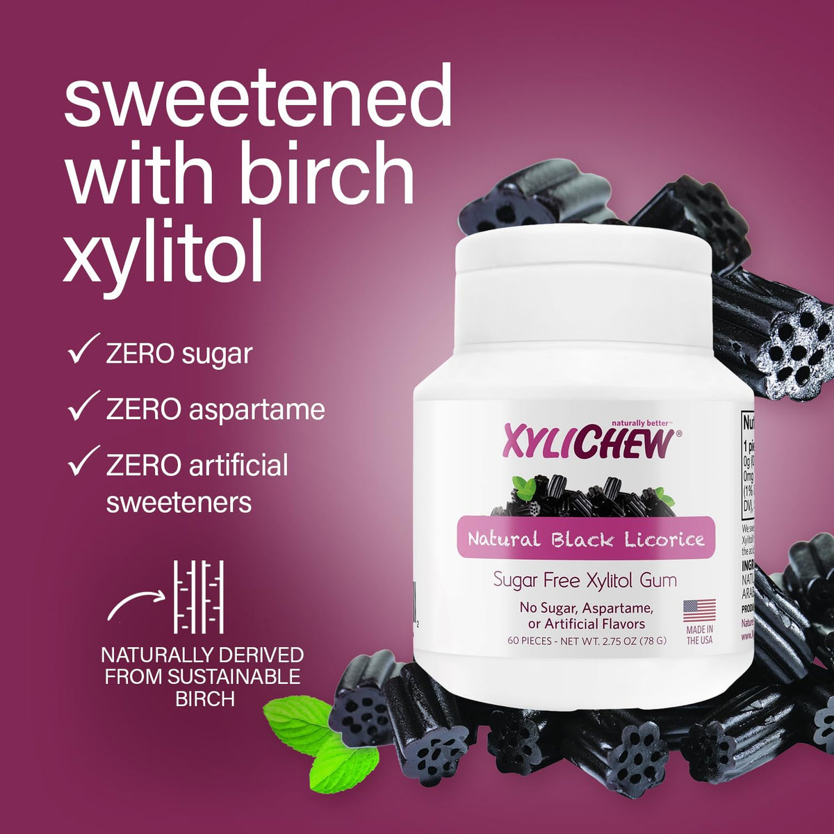 Xylichew xylitol birch sweetener image emphasizes non-GMO, responsibly sourced ingredients