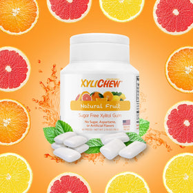Xylichew xylitol gum close-up emphasizing natural, sugar-free sweetness.