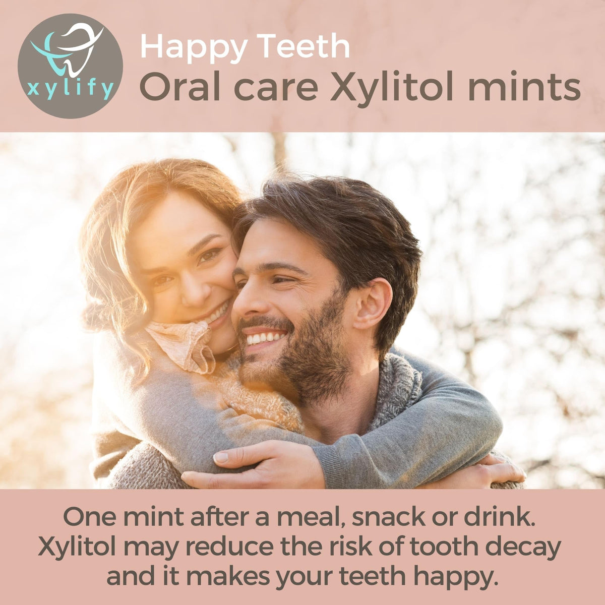 Close-up of Xylify Happy Teeth choco-mint mints showing natural flavor