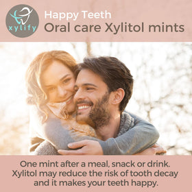 Close-up of Xylify Happy Teeth choco-mint mints showing natural flavor