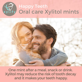 Xylify Happy Teeth grapefruit mints pack shown, ideal after meals for a clean mouthfeel.