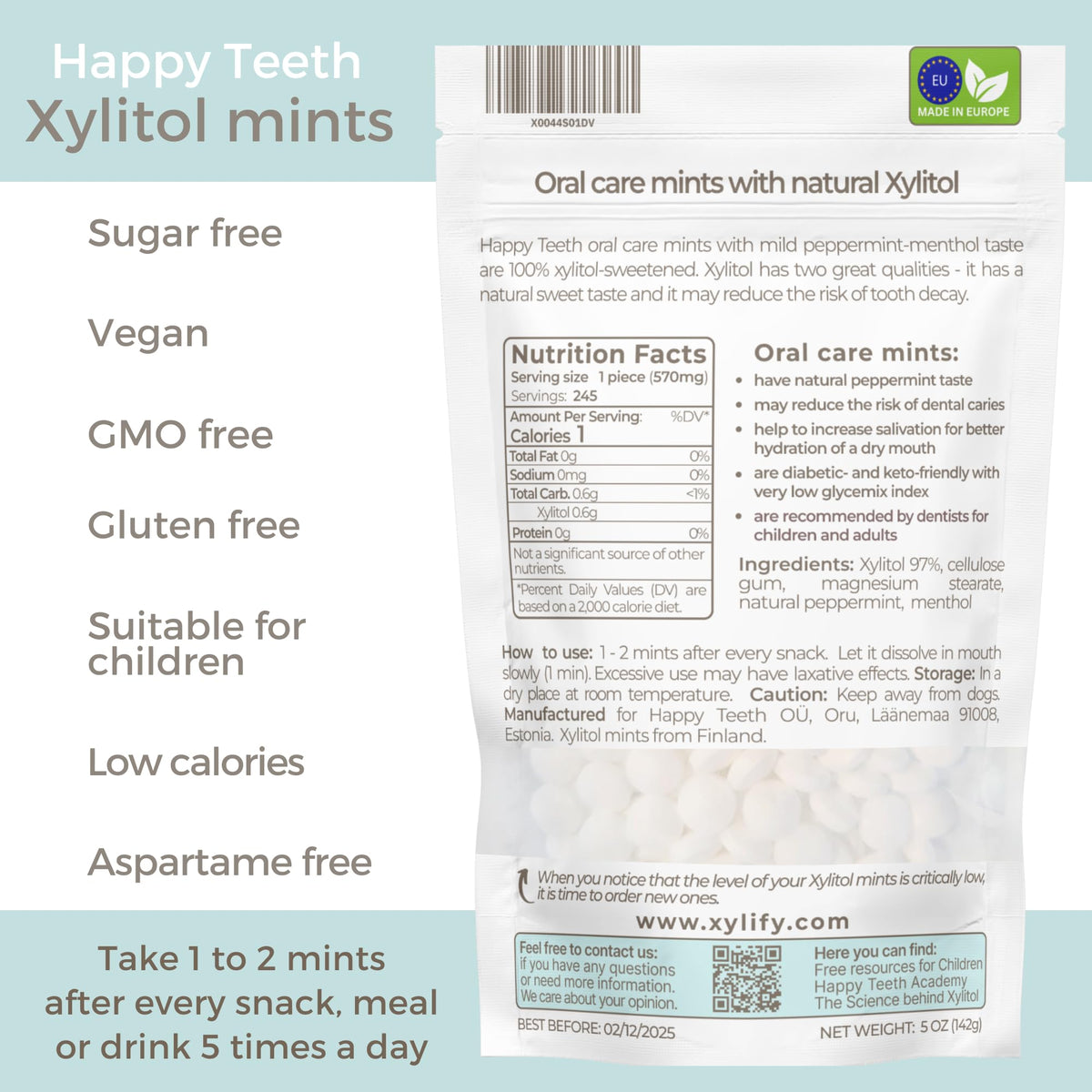 Xylify Happy Teeth Mints made in Finland under Nordic quality standards