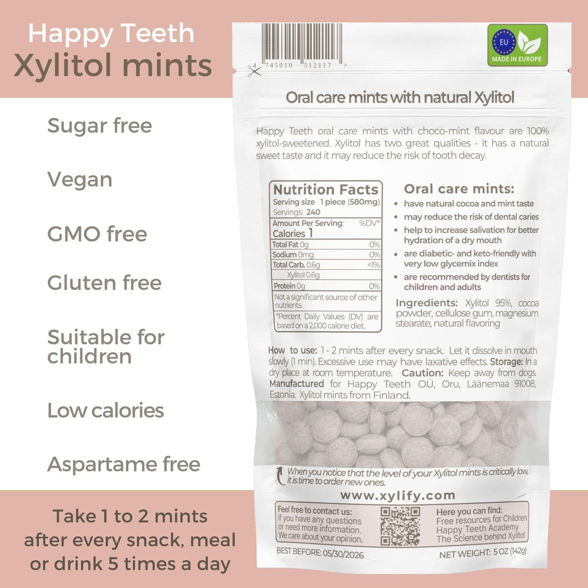 Label of Xylify Happy Teeth mints emphasizes Finnish Nordic origin