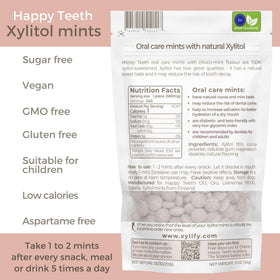 Label of Xylify Happy Teeth mints emphasizes Finnish Nordic origin