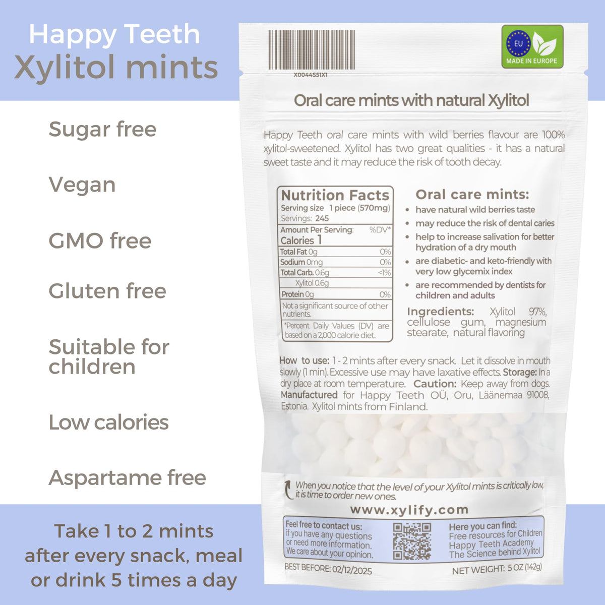 Xylify Happy Teeth mints on table beside glass for everyday breath refreshment.