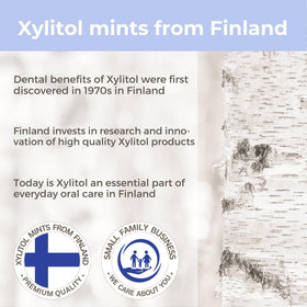 Xylify Happy Teeth packaging detail highlighting Finnish origin and xylitol sweetness.