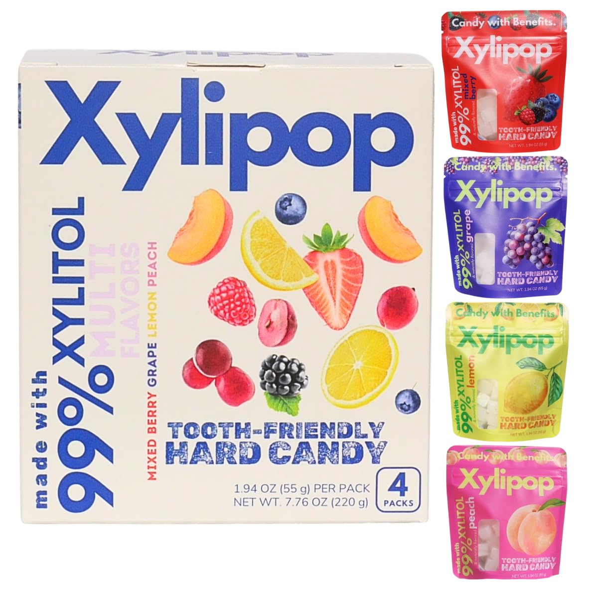Xylipop Variety 4 Pack packaging shows a kid-friendly design for on-the-go snacking