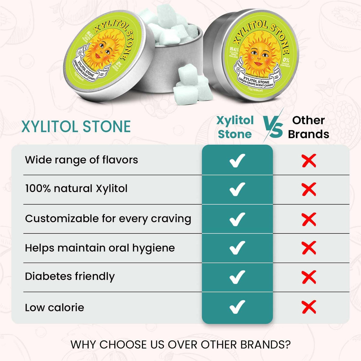 XYLITOL STONE mints offer a crisp finish after meals.