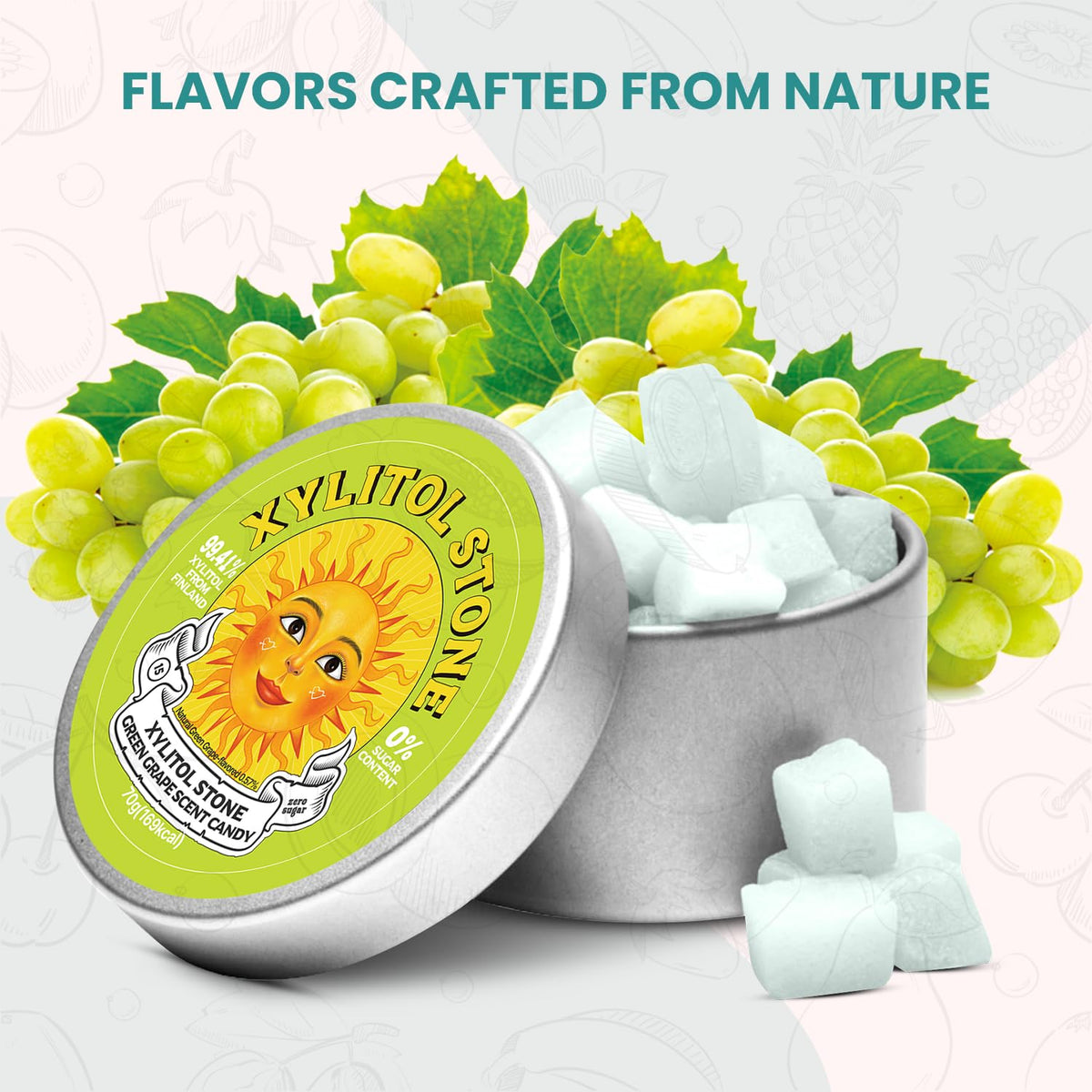XYLITOL STONE Green Grape flavor label highlights natural ingredients.