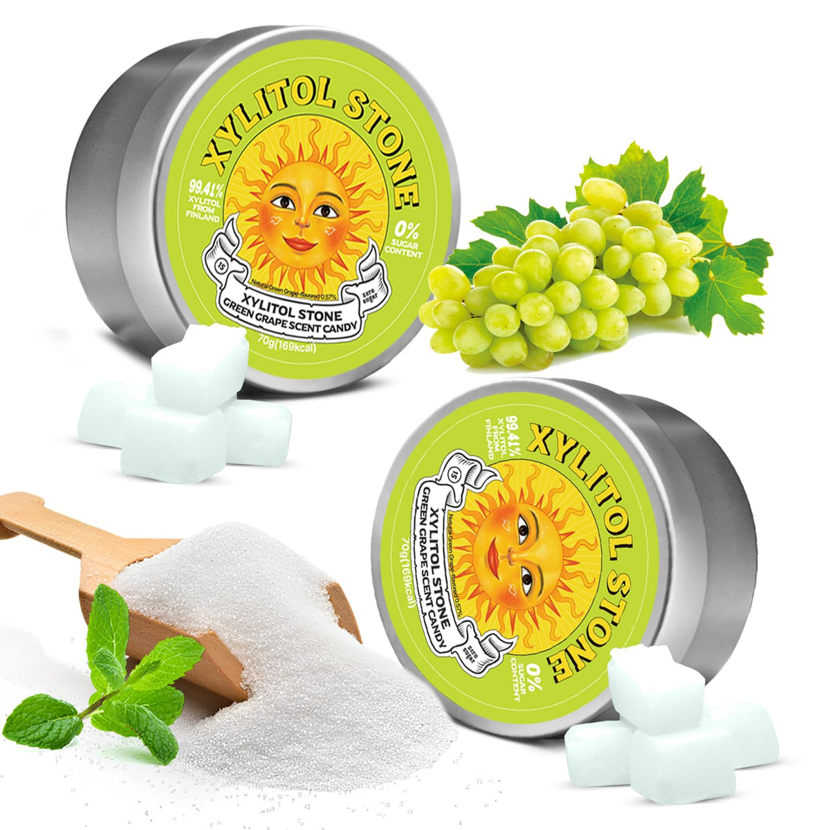 XYLITOL STONE Green Grape candy in a 2-pack tin for travel.