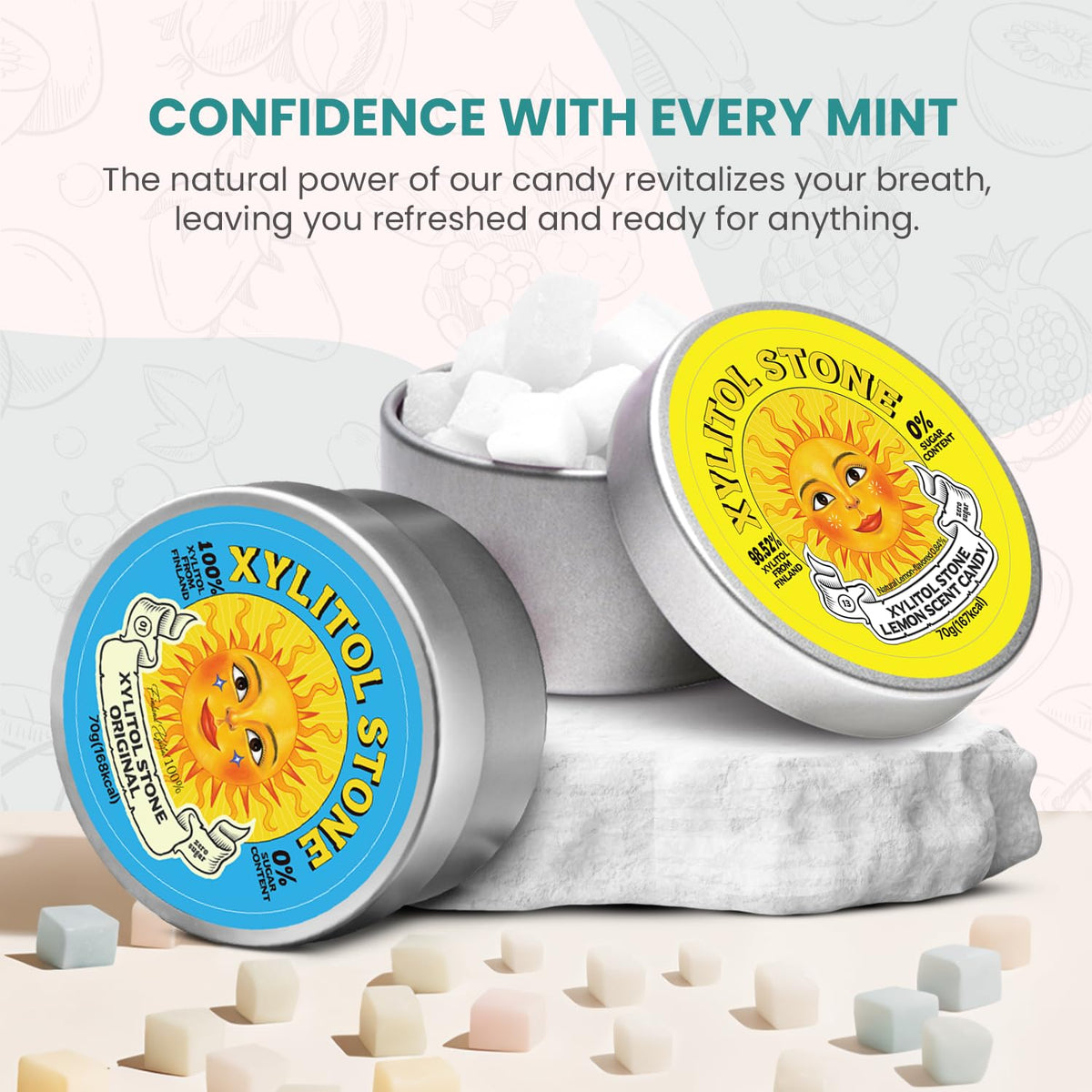 Xylitol Stone hard candy close-up reveals smooth texture and natural flavor.