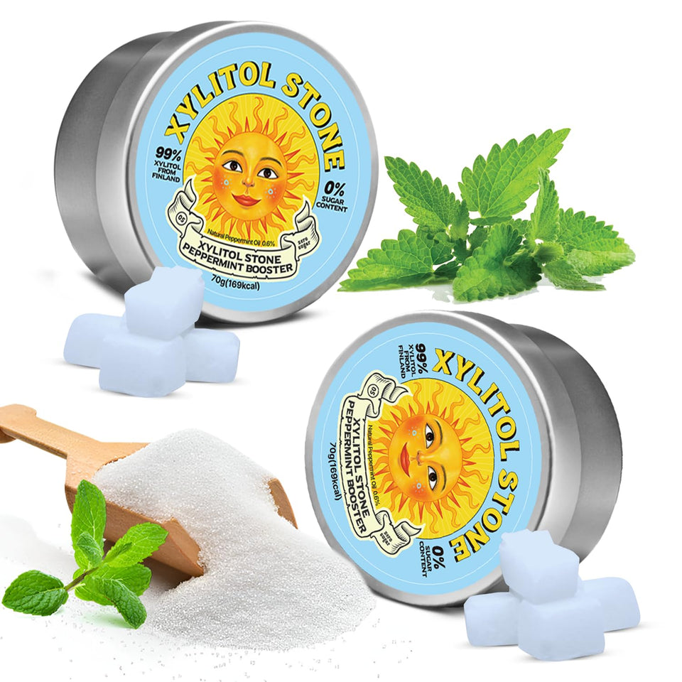Xylitol Stone peppermint booster tin for fresh breath on the go