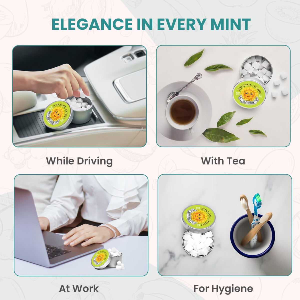 XYLITOL STONE portable tin held for on-the-go freshness.