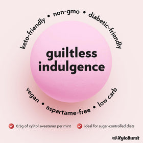 Xyloburst Berry mint label emphasizes xylitol-based sweetness and vegan, gluten-free attributes.
