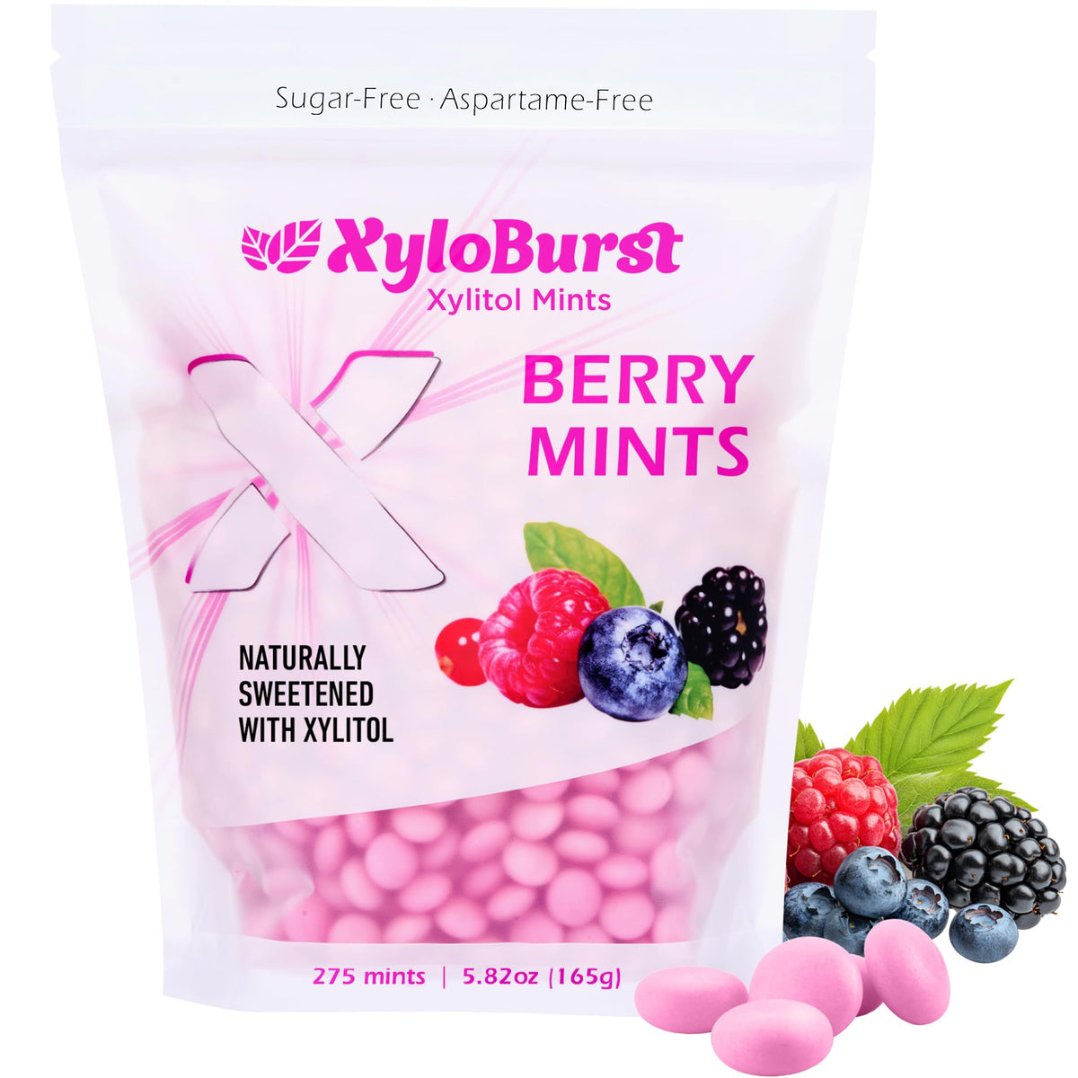 Xyloburst Berry mints pack showing sugar-free breath freshness and portability.