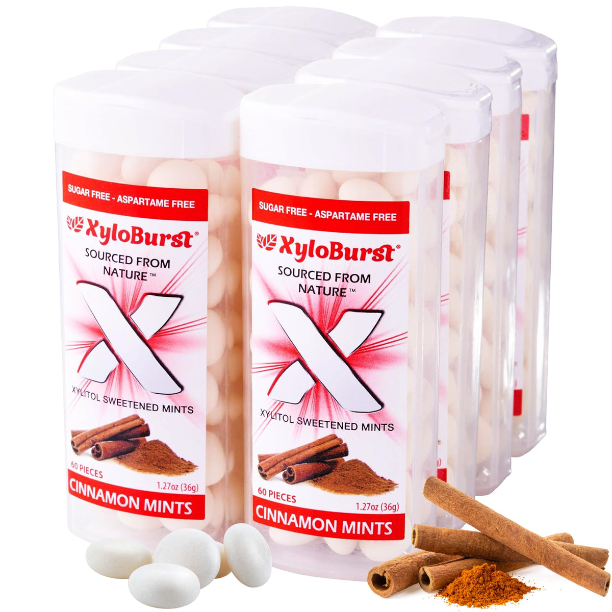 XyloBurst Cinnamon Mints jar highlights gluten-free and vegan attributes for on-the-go breath refreshment.
