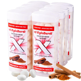 XyloBurst Cinnamon Mints jar highlights gluten-free and vegan attributes for on-the-go breath refreshment.