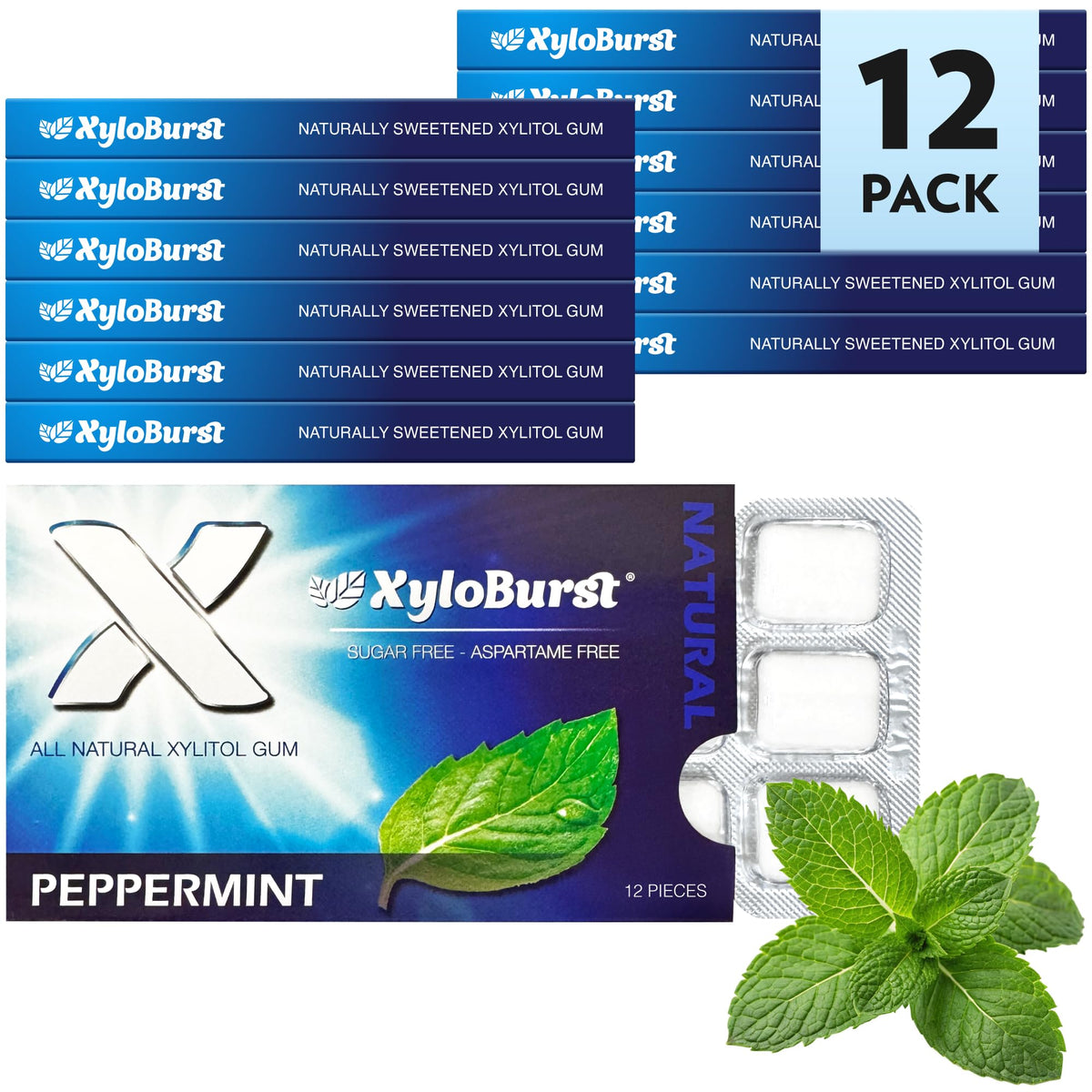 Xyloburst gum 12-piece blister close-up shows xylitol content for fresh breath.
