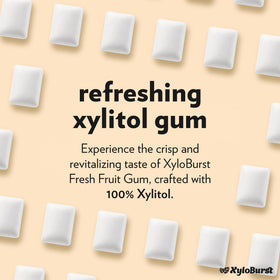 XyloBurst gum fresh-breath highlight emphasizing 100% xylitol and sugar-free enjoyment.