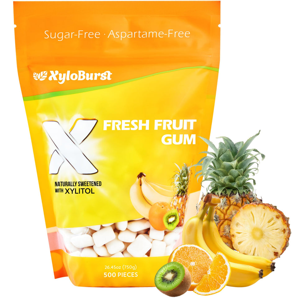 XyloBurst gum packaging showing a 500-count bag for on-the-go fresh breath.
