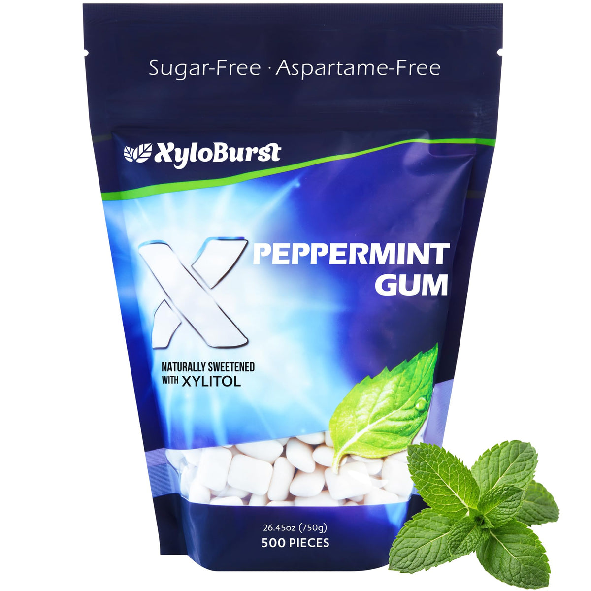 Xyloburst peppermint gum packaging promotes fresh breath on the go.