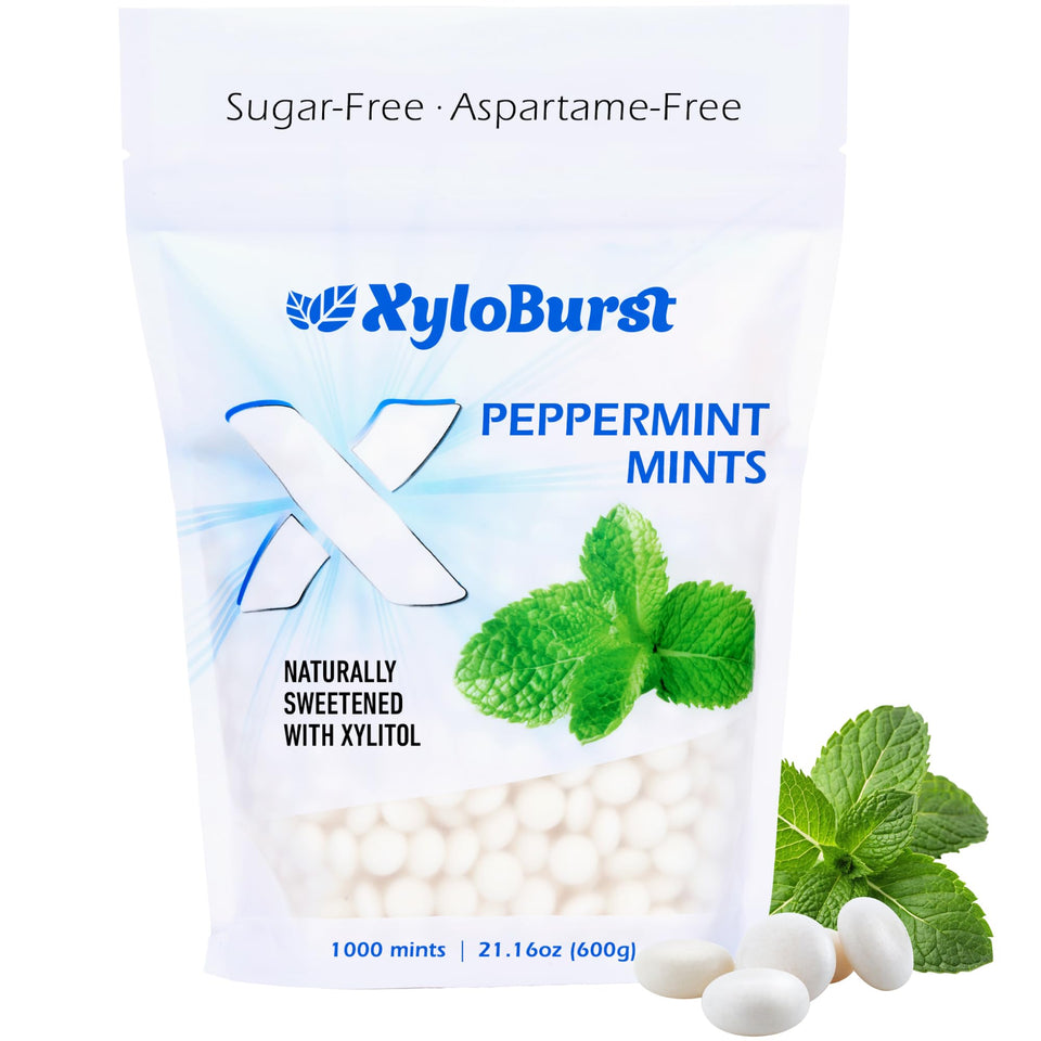 Xyloburst mints 1000-count bag shown for long-lasting fresh breath.