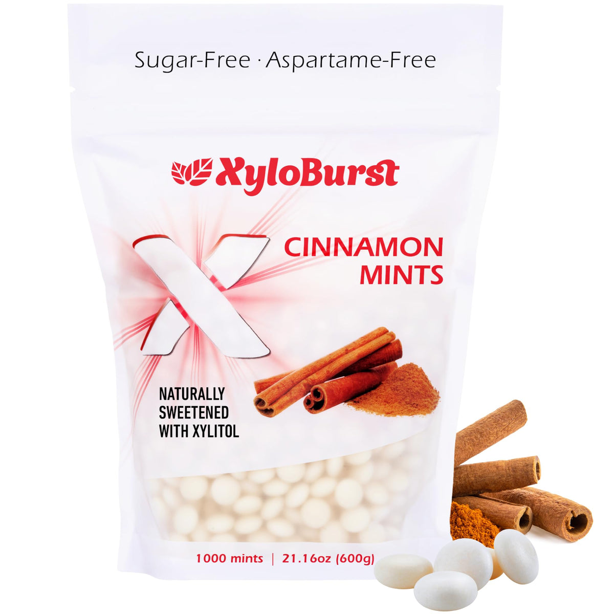 Xyloburst Cinnamon mints in a 1000-count bag for fresh breath