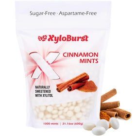 Xyloburst Cinnamon mints in a 1000-count bag for fresh breath