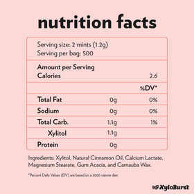 Xyloburst mints bag shows gluten-free and vegan attributes