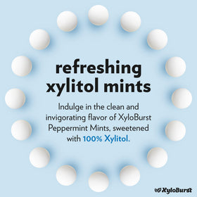 Xyloburst mints peppermint closeup highlights round, sugar-free candies with xylitol.