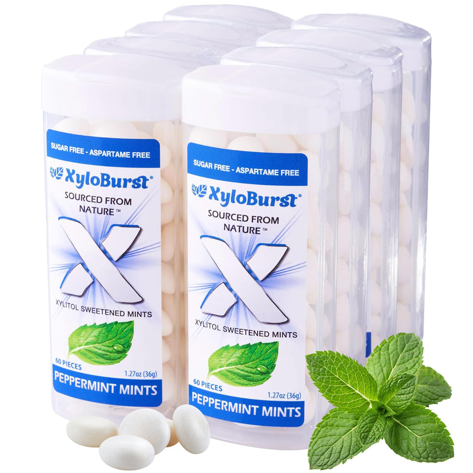 XyloBurst Xylitol Mints jar front showing peppermint freshness