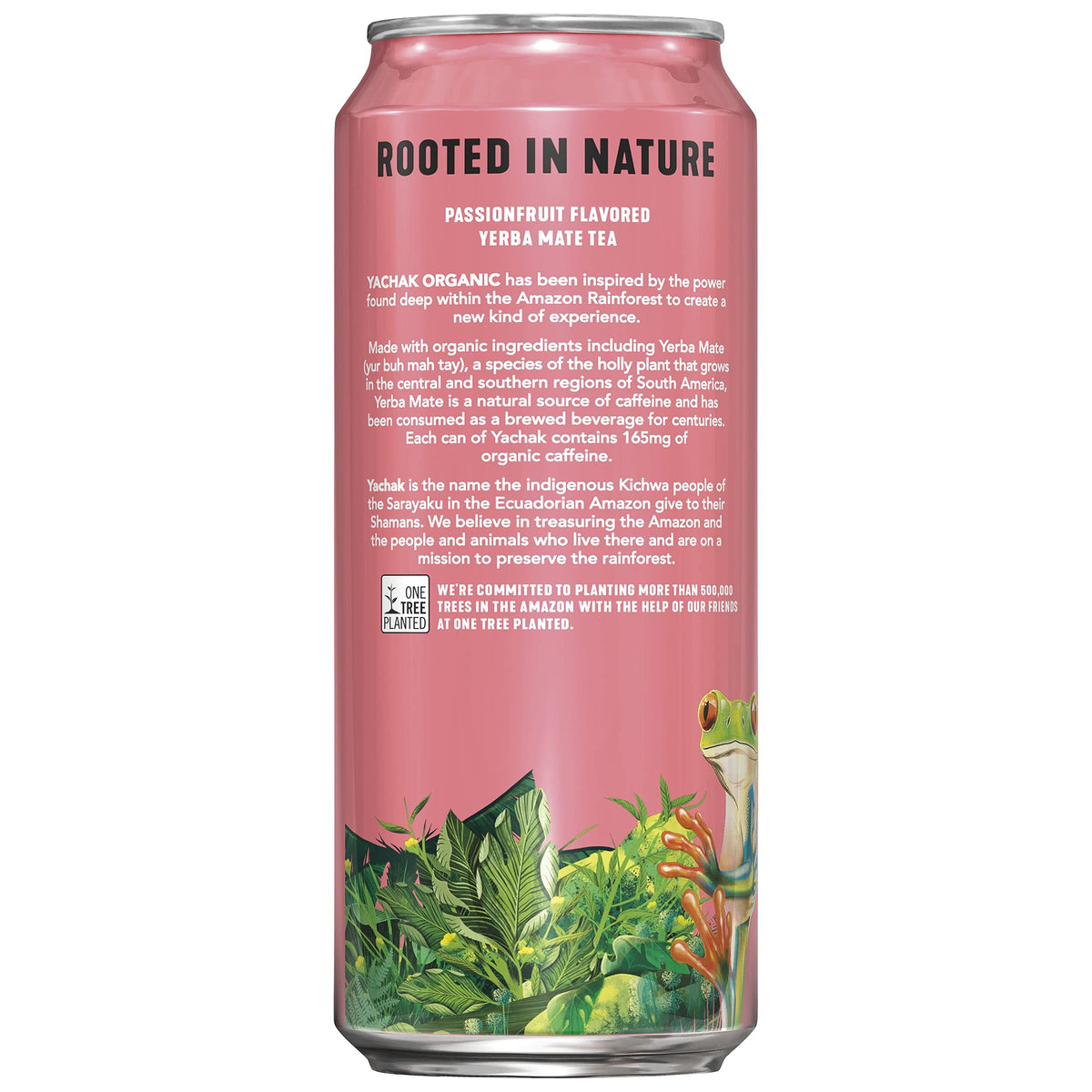 Close-up of Yachak Passionfruit yerba mate can for outdoor focus