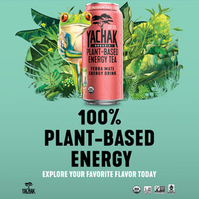 Yachak Yerba Mate Passionfruit can beside gym bag during workout