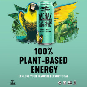 Yachak mint can beside a glass for refreshing energy