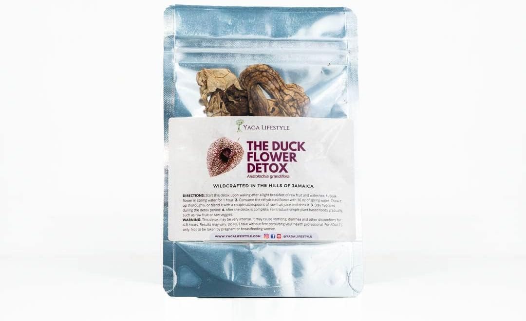 Yaga Lifestyle duck flower detox tea packaging highlights wildharvested Jamaican ingredients for a natural cleanse.