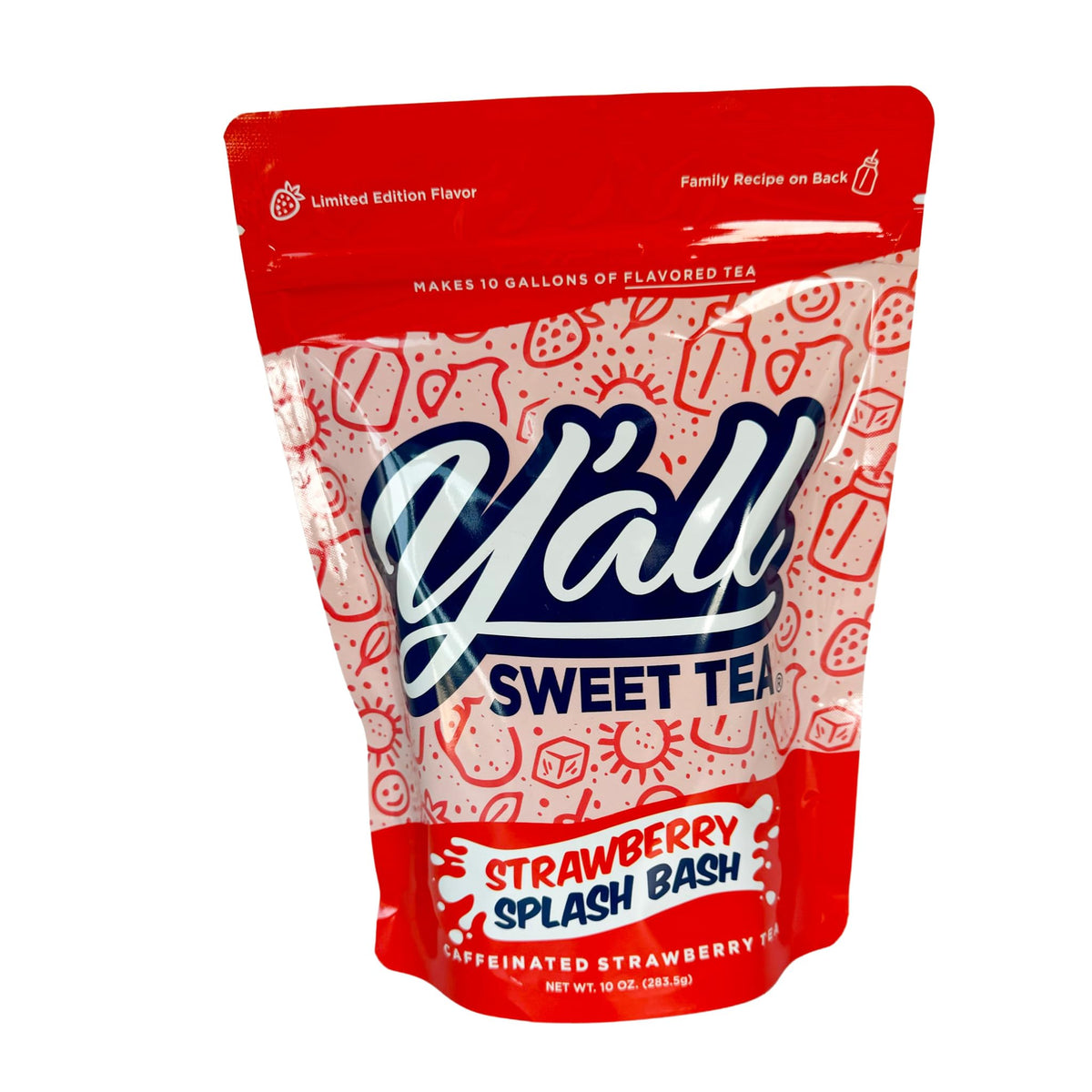 Y’all Sweet Tea Strawberry Splash Bash brew in a pitcher for gatherings.