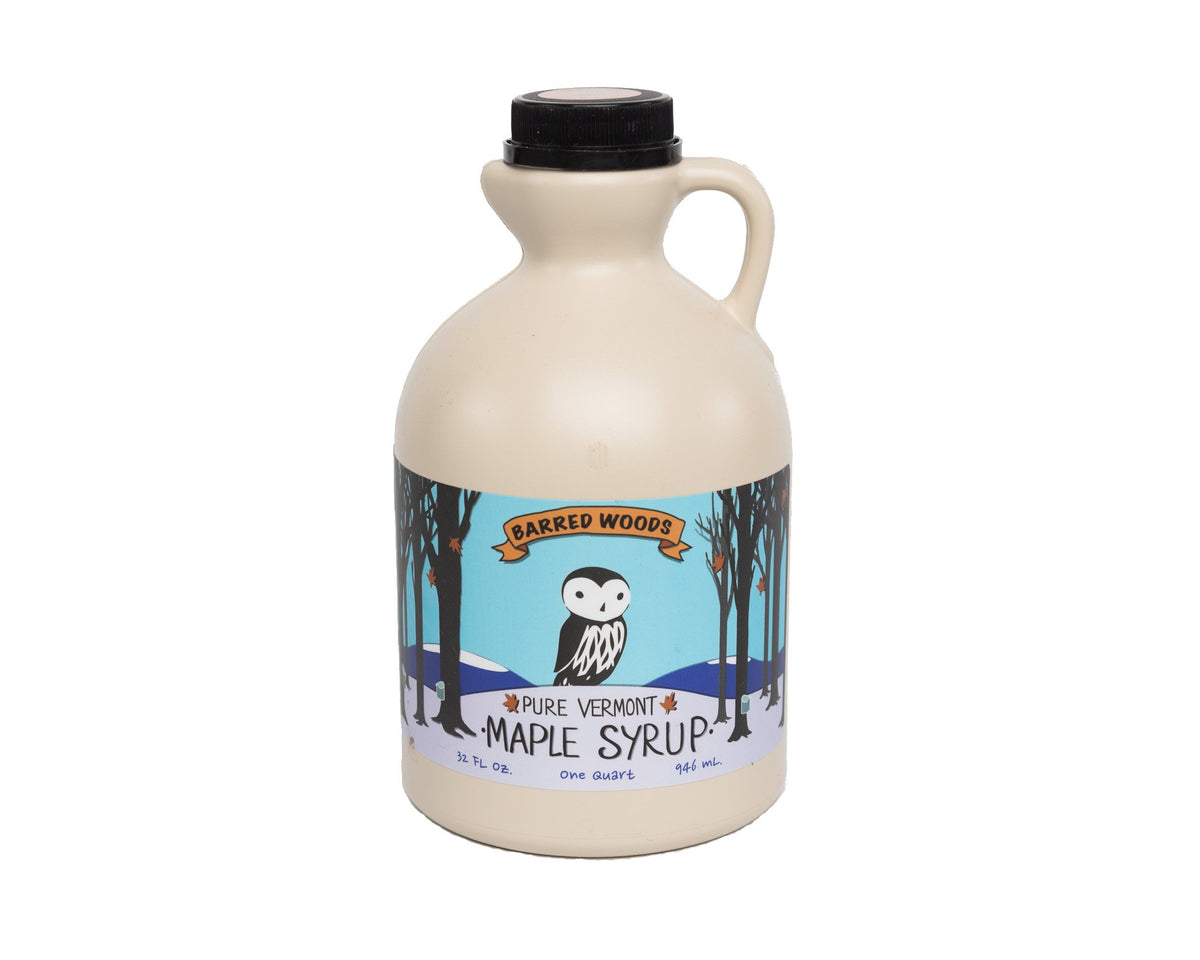 Yalu&Freedom Barred Woods Maple Syrup bottle with very dark pour, ideal for pancakes.