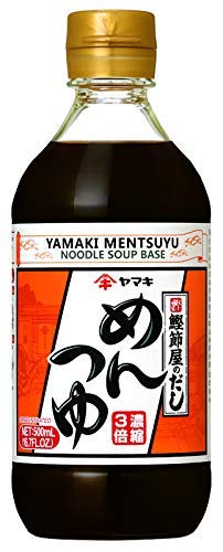 Yamaki Men Tsuyu bottle closeup showing rich umami broth base for noodles