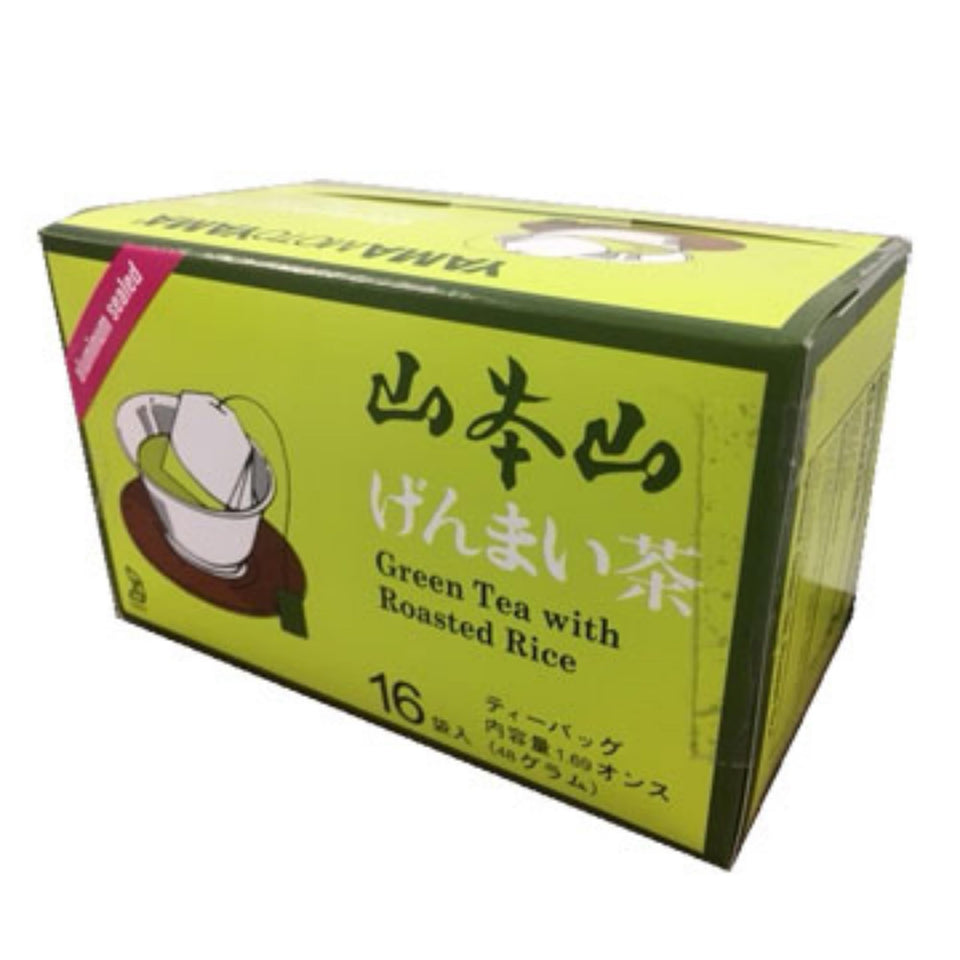 Yamamotoyama Genmaicha packaging shows a gentle, low-caffeine daily tea for calm moments