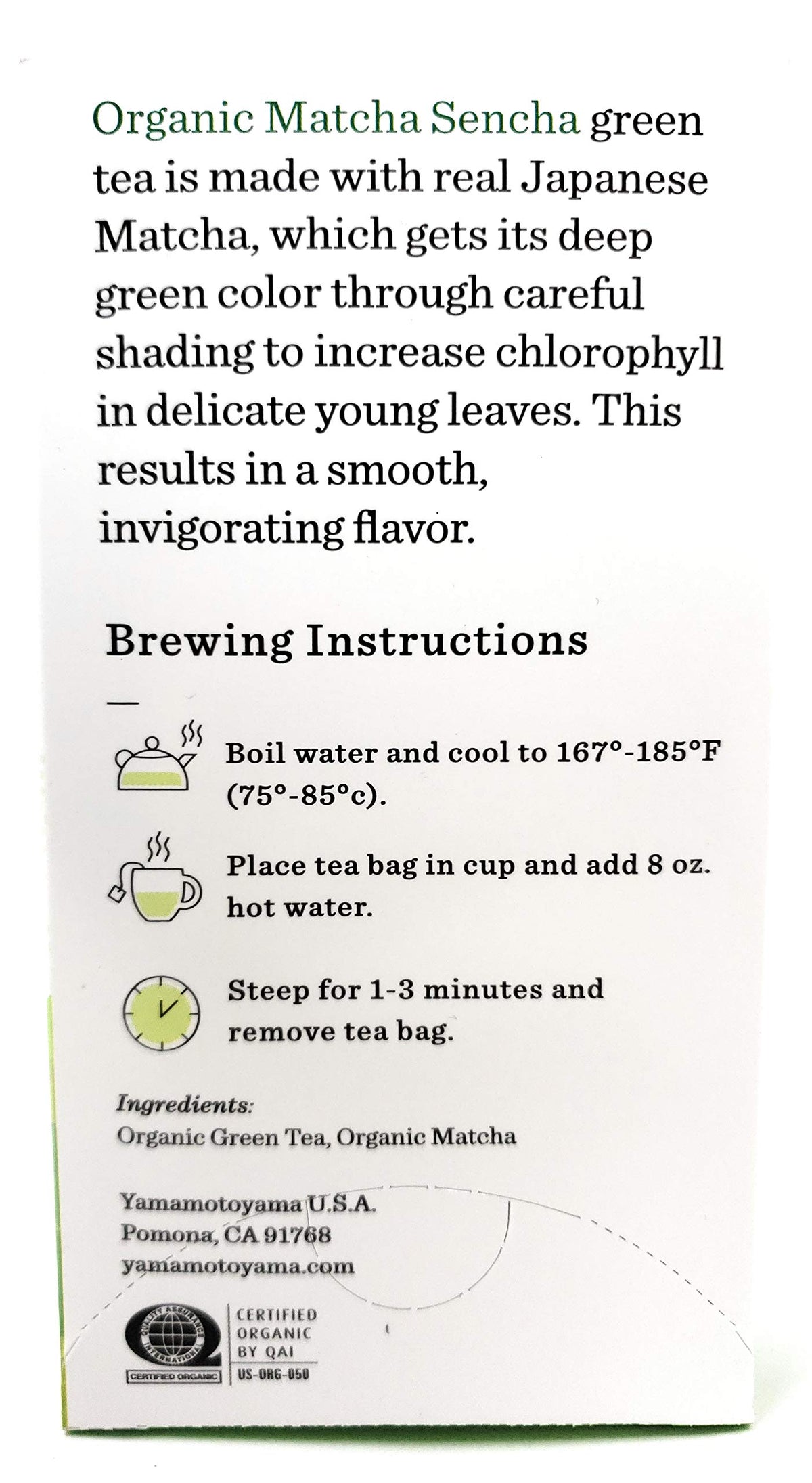 Yamamotoyama Organic Matcha Sencha 2-pack back view with label details for informed choice.