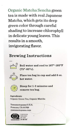 Yamamotoyama Organic Matcha Sencha 2-pack back view with label details for informed choice.