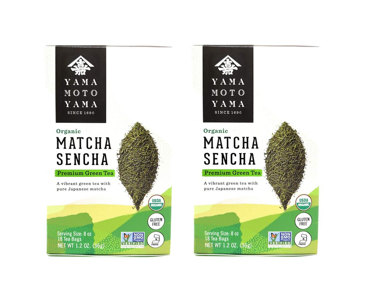 Yamamotoyama Organic Matcha Sencha 2-pack front view for daily energy ritual.