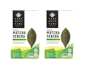Yamamotoyama Organic Matcha Sencha 2-pack front view for daily energy ritual.