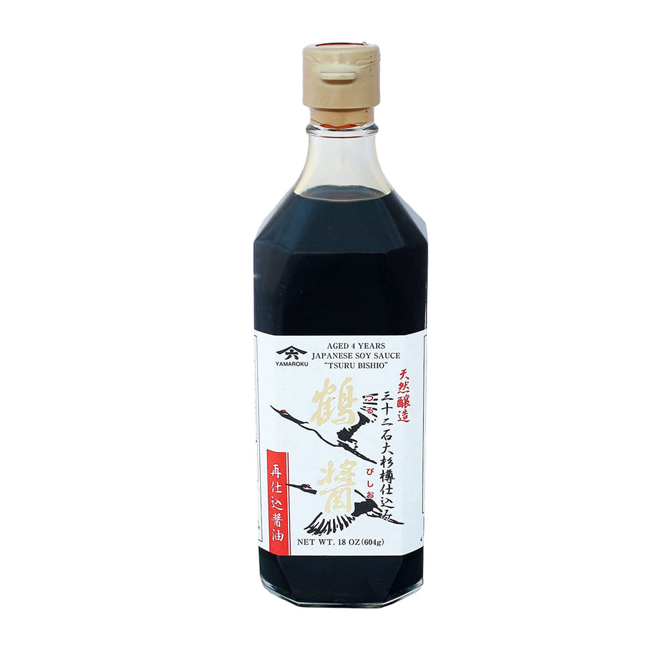 Yamaroku Tsuru Bishio bottle pours rich umami ideal for sushi